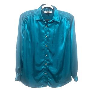 Vintage Jordan Shiny Satiny Green/teal Blouse Gold Buttons Shoulder Pads!!!!